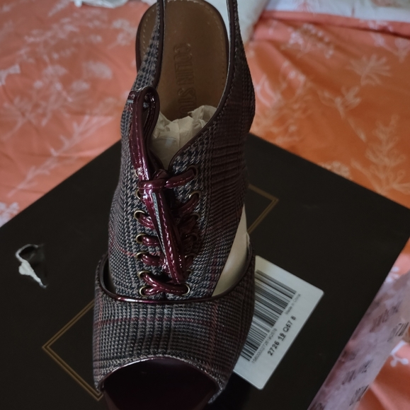 Colin Stuart VS Burgundy Plaid Slingback Peep Toe Heels - Picture 2 of 10